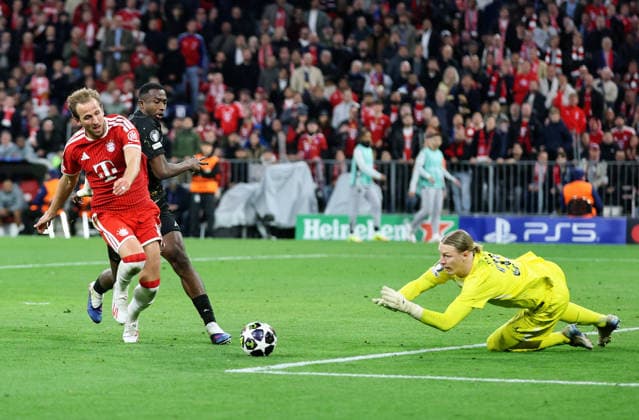 GER, CL Semi-Final FC Bayern Muenchen GER vs Paris Saint Germain FRA 06 05 2026, Allianz Arena, Munich, GER, CL Semi-Final FC Bayern Muenchen GER vs Paris Saint Germain FRA , picture shows Harry Kane FC Bayern Muenchen 09 taking a shot on goal from goalkeeper Matvey Safonov FC Paris Saint 39 right Willian Pacho FC Paris Saint 51 nordphotoxGmbHx xSchneider nph00003