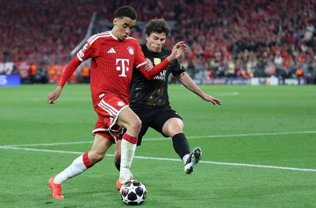 GER, CL Semifinal FC Bayern Muenchen GER vs Paris Saint Germain FRA 06 05 2026, Allianz Arena, Munich, GER, CL Semifinal FC Bayern Muenchen GER vs Paris Saint Germain FRA , picture shows Jamal Musiala FC Bayern Muenchen 10 in duel against Joao Neves Joao Neves FC Paris Saint 87 nordphotoxGmbHx xSchneider nph00003