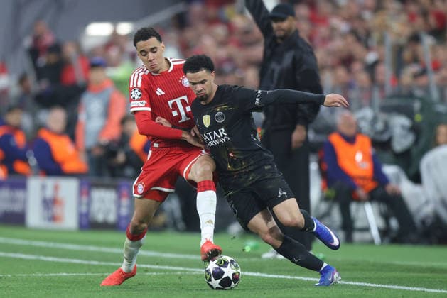 Soccer UEFA Champions League semi-final second leg FC Bayern Munich Paris Saint Germain on 06 05 2026 at the Allianz Arena in Munich Jamal Musiala Munich , left Warren Zaire Emery Paris , right xJRx