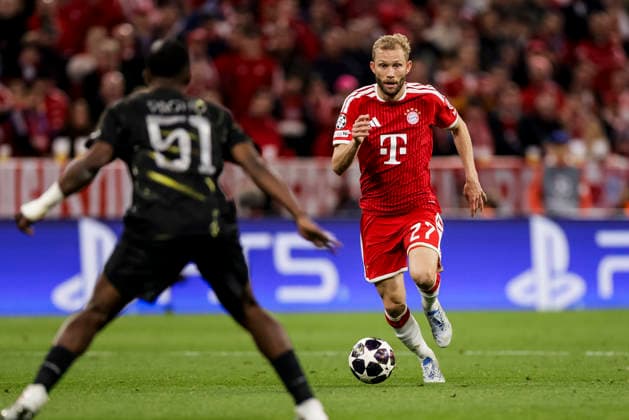 MUNICH, GERMANY - MAY 6: Konrad Laimer (FC Bayern Muenchen, 27) controls the ball during the UEFA Champions League Semi-Final between FC Bayern Muenchen vs Paris Saint-Germain at Allianz Arena at Semi-Finals 2nd leg of the UEFA Champions League on May 6, 2026 in Munich, Germany. Bavaria Germany Copyright: xSteffiexWunderlx