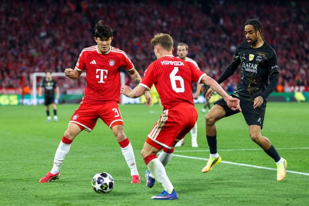 Minjae Kim FC Bayern Muenchen, 03 with Joshua Kimmich FC Bayern Muenchen, 06 and Bradley Barcola Paris St Germain, 29 , GER, FC Bayern Muenchen vs Paris St Germain, Football, UEFA Champions League, semi-final, second leg, 2025 2026 season, 06 05 2026, GER, FC Bayern Muenchen vs Paris St Germain, Football, UEFA Champions League, semi-final, second leg, 2025 2026 season, 06 05 2026 Muenchen Copyright: xEibner-Pressefoto JennixMaulx EP_JML