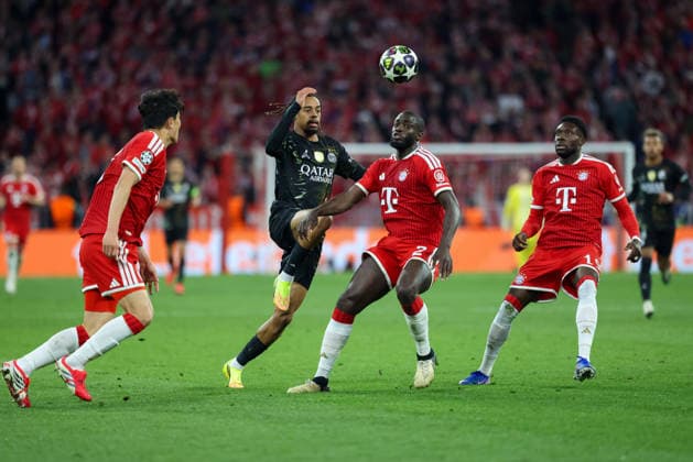 Bradley Barcola Paris St Germain, 29 with Dayot Upamecano FC Bayern Muenchen, 02 and Alphonso Davies FC Bayern Muenchen, 19 , with Minjae Kim FC Bayern Muenchen, 03 , GER, FC Bayern Muenchen vs Paris St Germain, Football, UEFA Champions League, semi-final, second leg, 2025 2026 season, 06 05 2026, GER, FC Bayern Muenchen vs Paris St Germain, Football, UEFA Champions League, semi-final, second leg, 2025 2026 season, 06 05 2026 Muenchen Copyright: xEibner-Pressefoto JennixMaulx EP_JML
