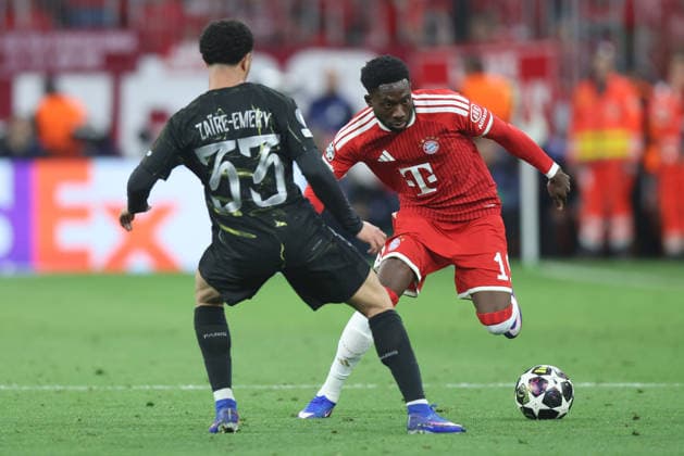 Soccer UEFA Champions League semi-final second leg FC Bayern Munich Paris Saint Germain on 06 05 2026 at the Allianz Arena in Munich Warren Zaire Emery Paris , front Alphonso Davies Munich , back xJRx