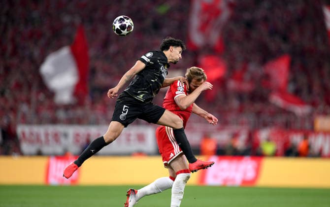 FOOTBALL CHAMPIONS LEAGUE SEASON 2025 2026 semi-final second leg 06 05 2026 FC Bayern Muenchen Paris Saint Germain Marquinhos left, Paris Saint Germain v Harry Kane right, FC Bayern Muenchen