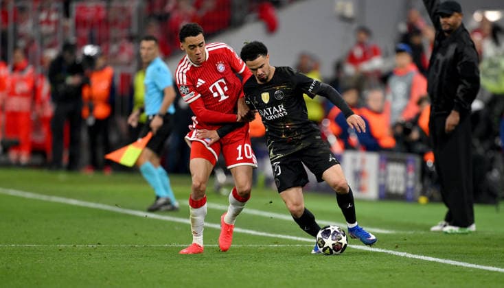FOOTBALL CHAMPIONS LEAGUE SEASON 2025 2026 semi-final second leg 06 05 2026 FC Bayern Muenchen Paris Saint Germain Jamal Musiala left, FC Bayern Muenchen vs Warren Zaire Emery right, Paris Saint Germain