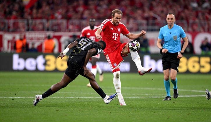 FOOTBALL CHAMPIONS LEAGUE SEASON 2025 2026 semi-final second leg 06 05 2026 FC Bayern Muenchen Paris Saint Germain Willian Pacho left, Paris Saint Germain v Harry Kane right, FC Bayern Muenchen
