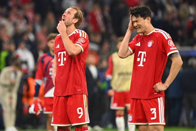 from left Harry KANE Bayern Muenchen , Minjae KIM FC Bayern Muenchen after the match, disappointment,frustration,disappointed,frustrated,dejected, Football Champions League,season 2025 26, semi-final FC Bayern Muenchen Paris Saint Germain PSG 1 1 on 06 05 2026 A L L I A N Z A R E N A