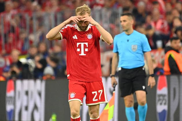 Konrad LAIMER Bayern Muenchen , disappointment,frustration,disappointed,frustrated,dejected,action,single image,cropped single motif,half figure,half figure Football Champions League,season 2025 26, semi-final FC Bayern Muenchen Paris Saint Germain PSG 1 1 on 06 05 2026 A L L I A N Z A R E N A