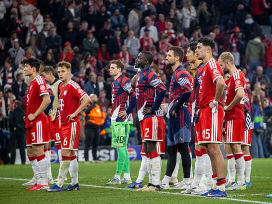 Disappointed Bayern players after the end of the match Football Bayern Paris 1 1 Football Champions League, FC Bayern Munich Paris Saint Germain, semi-final, second leg, 2025 2026 season, on 6 05 2026 in Munich, A L L I A N Z A R E N A, Germany Source Copyright Credit Oryk HAIST xFUSSBALL-BAYERN-PARISx