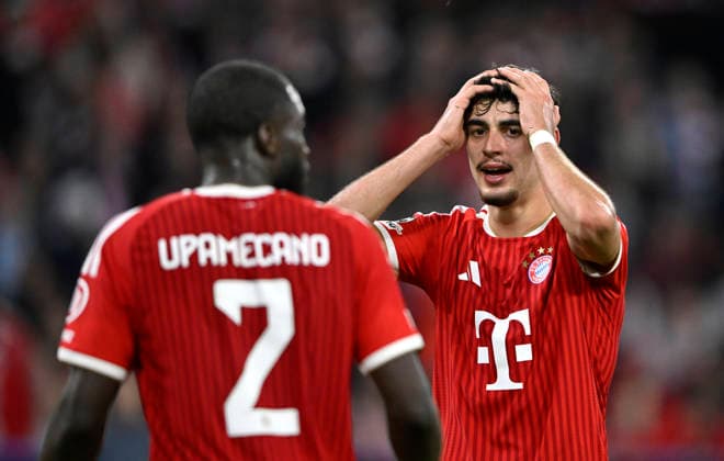 Aleksandar Pavlovic FC Bayern Muenchen FCB 45 Disappointment disappointed after missed goal chance gesture Dayot Upamecano FC Bayern Muenchen FCB 02 FC Bayern Muenchen FCB vs Paris Saint Germain PSG CL Champions League semi-final second leg 06 05 2026 DFL REGULATIONS PROHIBIT ANY USE OF PHOTOGRAPHS AS IMAGE SEQUENCES AND OR QUASI VIDEO FC Bayern Muenchen FCB vs Paris Saint Germain PSG CL Champions League