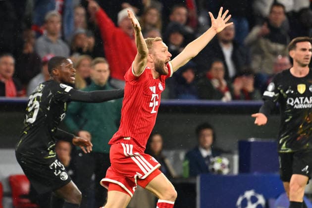 Konrad LAIMER Bayern Muenchen complain loudly after handball by Nuno MENDES PSG at the back, which was not penalized Controversial scene Football Champions League,2025 season 26, semi-final FC Bayern Muenchen Paris Saint Germain PSG 1 1 on 06 05 2026 A L L I A N Z A R E N A