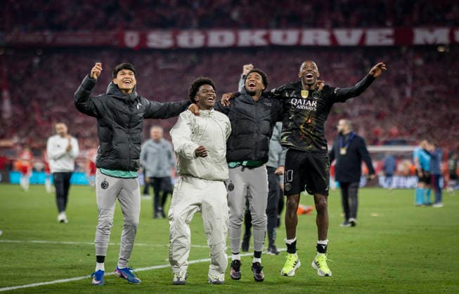Munich, Germany. 06th Mai 2026. Kang-in Lee (Paris) Quentin Ndjantou (Paris) Ousmane Dembele (Paris) FC Bayern München - Paris Saint Germain 06.05.2026 *** Munich, Germany 06th May 2026 Kang in Lee Paris Quentin Ndjantou Paris Ousmane Dembele Paris FC Bayern Munich Paris Saint Germain 06 05 2026