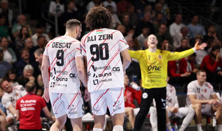 Hugo Descat talks to Ismail Mohamed Zeinelabedin Ali, goalkeeper Mikael Appelgren pointing, gesturing upper body action Sports Handball CL Champions League Champions League Mens Quarterfinal Second Leg Season 2025 2026 06 05 2026 Füchse Berlin vs Veszprem HC at Max Schmeling Halle
