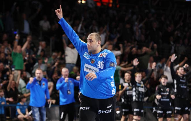 Goalkeeper Dejan Milosavljev celebrates after a save Joy Emotion Cheers Sport Handball CL Champions League Champions League Mens Quarterfinal Second leg Season 2025 2026 06 05 2026 Füchse Berlin vs Veszprem HC in the Max Schmeling Halle