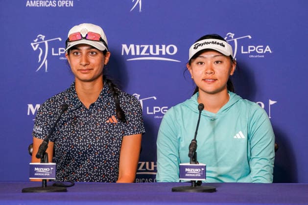 May 6, 2026, West Caldwell, New Jersey, USA: Vidhi Lakhawala (R) and Rayee Feng speak to the media prior to the 2026 Mizuho Americas Open at Mountain Ridge Country Club. West Caldwell USA - ZUMAw109 20260506_fap_w109_032 Copyright: xDebbyxWongx
