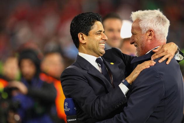 May 6, 2026, Munich, Bavaria, Germany: President NASSER AL-KHELAIFI of PSG celebrates by hugging former legend player DAVID GINOLA after the UEFA Champions League 2025 26 Semi-final Leg 2 game between Bayern Munich and Paris Saint-Germain at the Allianz Arena in Munich, Germany. The game ended up in a 1:1 draw, and PSG won 6:5 on aggregate to advance to the Final. Munich Germany - ZUMAc179 20260506_zep_c179_058 Copyright: xMickaelxChavetx