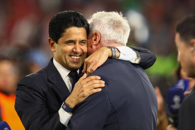 May 6, 2026, Munich, Bavaria, Germany: President NASSER AL-KHELAIFI of PSG celebrates by hugging former legend player DAVID GINOLA after the UEFA Champions League 2025 26 Semi-final Leg 2 game between Bayern Munich and Paris Saint-Germain at the Allianz Arena in Munich, Germany. The game ended up in a 1:1 draw, and PSG won 6:5 on aggregate to advance to the Final. Munich Germany - ZUMAc179 20260506_zep_c179_060 Copyright: xMickaelxChavetx