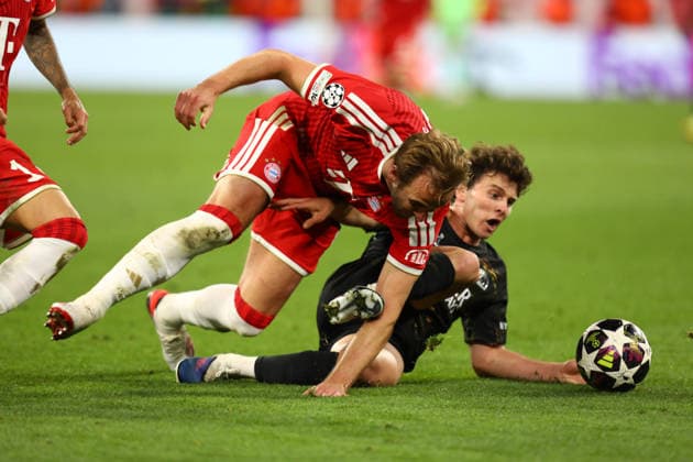 May 6, 2026, Munich, Bavaria, Germany: HARRY KANE of Bayern and JOAO NEVES of PSG in the UEFA Champions League 2025 26 Semi-final Leg 2 game between Bayern Munich and Paris Saint-Germain at the Allianz Arena in Munich, Germany. The game ended up in a 1:1 draw, and PSG won 6:5 on aggregate to advance to the Final. Munich Germany - ZUMAc179 20260506_zep_c179_073 Copyright: xMickaelxChavetx