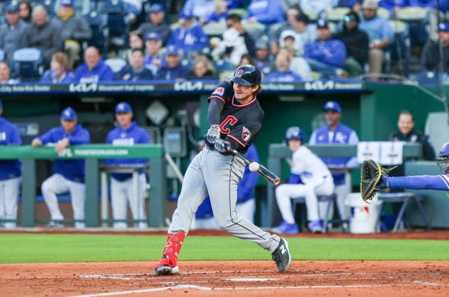 MAY 6, 2026: Cleveland Guardians outfielder Chase DeLauter (24) doubles in the 3rd inning against the Kansas City Royals at Kauffman Stadium in Kansas City, MO. CSM MLB, Baseball Herren, USA 2026: Guardians Vs Royals May 6th  - ZUMAc04_ 20260506_zma_c04_075 Copyright: xRomanxPunox