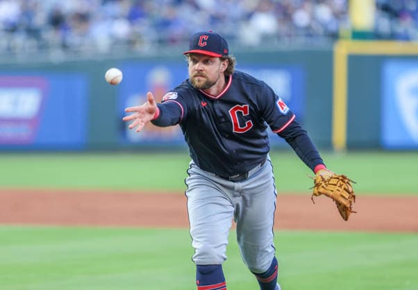MAY 6, 2026: Cleveland Guardians infielder Rhys Hoskins (8) fields and throws the ball to Cleveland Guardians starting pitcher Joey Cantillo (54) for the 3rd out in the 2nd inning at Kauffman Stadium in Kansas City, MO. CSM MLB, Baseball Herren, USA 2026: Guardians Vs Royals May 6th  - ZUMAc04_ 20260506_zma_c04_094 Copyright: xRomanxPunox