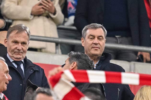 Hans Joachim Watzke and Markus Söder Looks on during the UEFA Champions League 2025 26 Semi Final Second Leg match between FC Bayern München and Paris Saint Germain at Football Arena Munich on May 6, 2026 in Munich, Germany Photo by Harry Langer DeFodi Images