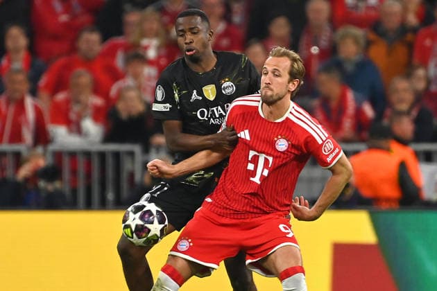 Harry KANE Bayern Muenchen , action,duel against Willian PACHO PSG Football Champions League,season 2025 26, semi-final FC Bayern Muenchen Paris Saint Germain PSG 1 1 on 06 05 2026 A L L I A N Z A R E N A