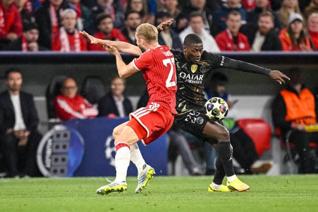 Konrad Laimer FC Bayern München and Nuno Mendes Paris Saint Germain FC battle for the ball during the UEFA Champions League 2025 26 Semi Final Second Leg match between FC Bayern München and Paris Saint Germain at Football Arena Munich on May 6, 2026 in Munich, Germany Photo by Harry Langer DeFodi Images