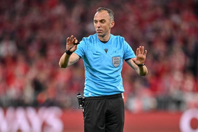 Referee Joao Pinheiro gestures during the UEFA Champions League 2025 26 Semi Final Second Leg match between FC Bayern München and Paris Saint Germain at Football Arena Munich on May 6, 2026 in Munich, Germany Photo by Harry Langer DeFodi Images