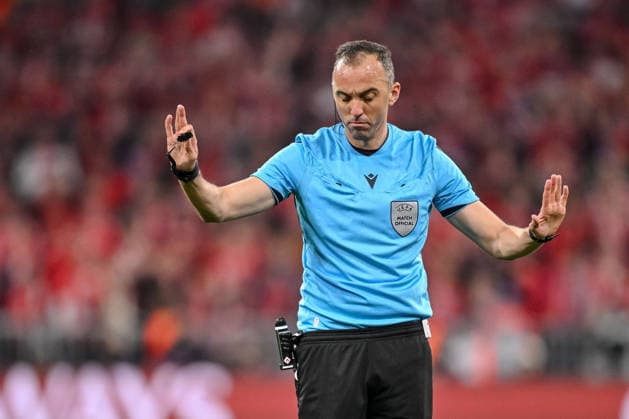 Referee Joao Pinheiro gestures during the UEFA Champions League 2025 26 Semi Final Second Leg match between FC Bayern München and Paris Saint Germain at Football Arena Munich on May 6, 2026 in Munich, Germany Photo by Harry Langer DeFodi Images