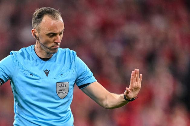 Referee Joao Pinheiro gestures during the UEFA Champions League 2025 26 Semi Final Second Leg match between FC Bayern München and Paris Saint Germain at Football Arena Munich on May 6, 2026 in Munich, Germany Photo by Harry Langer DeFodi Images