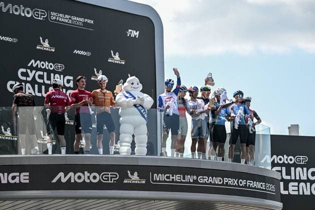 MotoGP Cycling Challenge PHOTOPQR OUEST FRANCE Martin ROCHE ; Le Mans ; 07 05 2026 ; Ce jeudi 07 mai 2026 , le motoGP Cycling challenge lors du Michelin Grand Prix de France moto ( MotoGP Moto GP ) sur le circuit Bugatti du Mans ( Le Mans Sarthe Pays de la Loire ) Le courreur cycliste de la Red Bull-Bora-Hansgrohe Primož Roglic Primoz Roglic était invité tout comme l ex coureur cycliste Mark Cavendish , pour participer au MotoGP Cycling Challenge aux côtés de pilote de MotoGP comme Jorge Martin ( Aprilia Racing ) , Alex Rins ( Monster Energy Yamaha MotoGP ) , Johann Zarco ( n05 Castrol Honda LCR ), Jack Miller ( Prima Pramac Yamaha MotoGP ) Photographe : Martin ROCHE Ouest-France MotoGP cycling challenge at Le Mans in May 7, 2026 Le Mans FRANCE France  Copyright: xPHOTOPQR OUESTxFRANCE MAXPPPxMartinxROCHEx 20260507OFR2851 20260507OFR2851