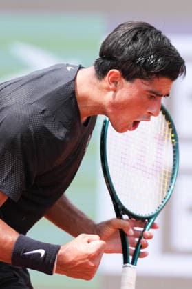 Federico Cina of Italy celebrates during the match against Alexander Blockx of Belgium at the Internazionali BNL d Italia 2026 tennis tournament at Foro Italico in Rome (Italy) on May, 7, 2026. AntoniettaxBaldassarre