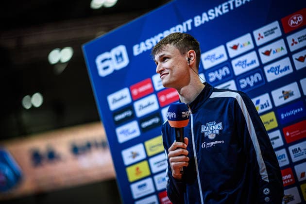 easycredit BBL Basketball Bundesliga 2025 2026 33 Matchday 07 05 2026 Science City Jena vs MLP Academics Heidelberg Niklas Würzner Heidelberg in an interview at DYN Sparkassen Arena