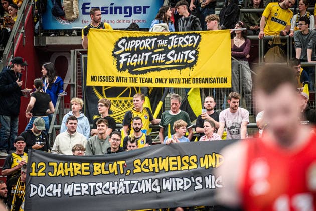 Banner in the fan block of MHP Riesen GER, MHP Riesen Ludwigsburg vs FC Bayern Muenchen Basketball, Basketball Bundesliga, easycredit BBL, 33 Matchday, Season 2025 2026, 07 05 2026 GER, MHP Riesen Ludwigsburg vs FC Bayern Muenchen Basketball, Basketball Bundesliga, easycredit BBL, 33 Matchday, Season 2025 2026, 07 05 2026 Ludwigsburg Copyright: xSandyxDinkelackerx EP_SDR