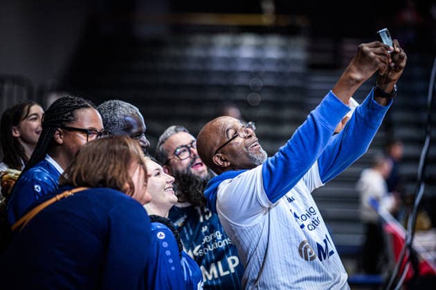 easycredit BBL Basketball Bundesliga 2025 2026 33 Matchday 07 05 2026 Science City Jena vs MLP Academics Heidelberg The fans of Heidelberg in a good mood before the game Taking selfies Sparkassen Arena