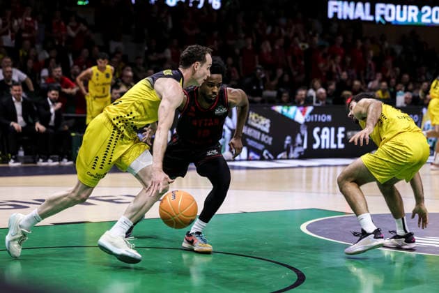 May 7, 2026, Badalona, Barcelona, Spain: Marcelinho Huertas of La Laguna Tenerife and Jerrick Harding of Rytas Vilnius in action during the Final Four Basketball Champions League Semi Finals basketball match played between Rytas Vilnius and La Laguna Tenerife at Palau Olimpic Badalona on May 07, 2026 in Badalona, Barcelona, Spain. Badalona Spain - ZUMAa181 20260507_zaa_a181_016 Copyright: xJavierxBorregox