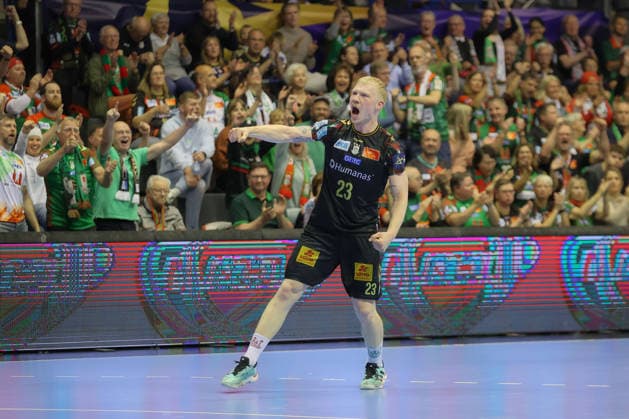 07 05 2026, xtgx, Handball, EHF Champions League 1 4 Final, SC Magdeburg Pick Szeged v l Magnus Saugstrup Magdeburg, 23 Jubel, Torjubel, jubelt ueber das Tor, celebrate the goal, celebration Magdeburg