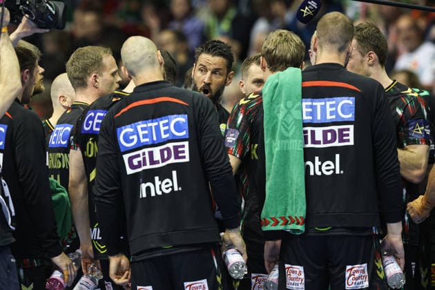 Coach Bennet Wiegert SC Magdeburg with his players Quarterfinals Handball Machineseeker Champions League Season 2025 2026 SC Magdeburg vs SC Pick Szeged at the GETEC Arena in Magdeburg Handball,Germany,07 05 2026