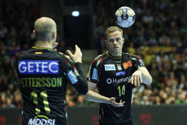 Omar Ingi Magnusson r ,SC Magdeburg,14 and Daniel Pettersson SC Magdeburg,11 Quarterfinals Handball Machineseeker Champions League Season 2025 2026 SC Magdeburg vs SC Pick Szeged at the GETEC Arena in Magdeburg Action,Handball,Germany,07 05 2026