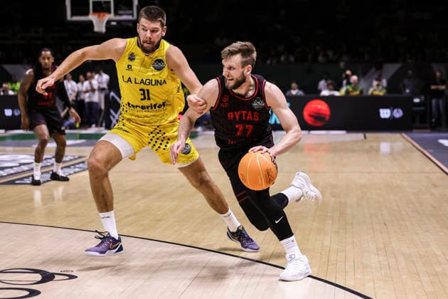 May 7, 2026, Badalona, Barcelona, Spain: Martynas Paliukenas of Rytas Vilnius and Rokas Giedraitis of La Laguna Tenerife in action during the Final Four Basketball Champions League Semi Finals basketball match played between Rytas Vilnius and La Laguna Tenerife at Palau Olimpic Badalona on May 07, 2026 in Badalona, Barcelona, Spain. Badalona Spain - ZUMAa181 20260507_zaa_a181_029 Copyright: xJavierxBorregox