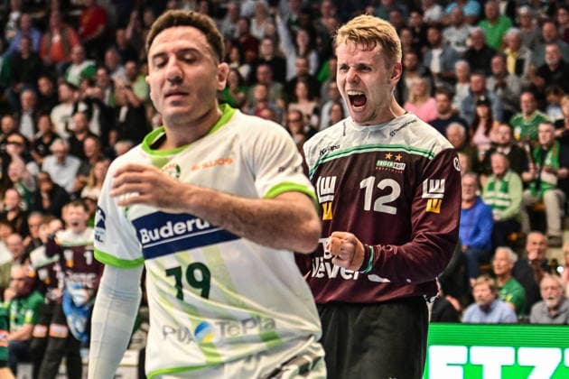 DAIKIN HBL Bundesliga Frisch Auf Göppingen HSG Wetzlar Göppingen, 07 05 2026 Kristian Saeveras Frisch Auf Göppingen, 12 cheers after the successful save against Ahmed Nafea HSG Wetzlar, 79 Göppingen, 07 05 2026 31 Matchday of the DAIKIN Handball Bundesliga, Frisch Auf Göppingen HSG Wetzlar, EWS Arena, Göppingen Copyright: xBEAUTIFULxSPORTS Märklx