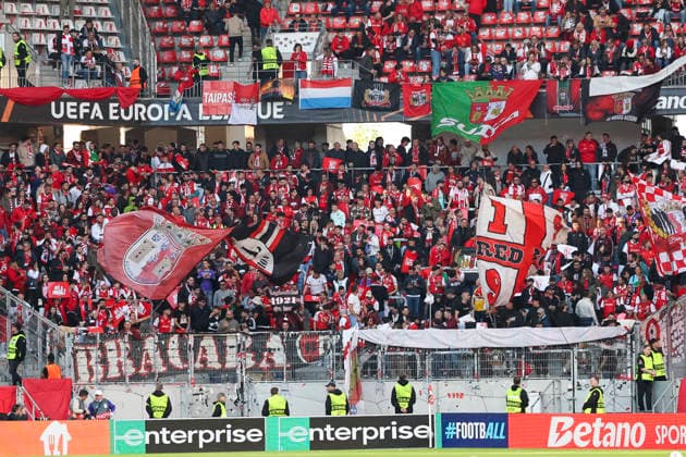 Fan block of Sporting Braga , Germany, Football, UEFA Europa League, Semifinal, 2025 2026, SC Freiburg vs Sporting Braga, 07 05 2026, Freiburg im Breisgau Europa Park Stadium Germany Copyright: xGrantxHubbsx
