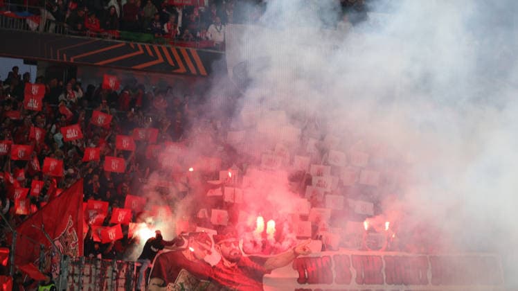 07 05 2026, xrekx, Football UEFA Europa League, SC Freiburg Sporting Braga v l Braga Fans ,Atmosphere, Scarves, Ultras, Spectators, Visitors, Choreo, Choreography, atmosphere, scarves, spectators, visitors Pyro DFL DFB REGULATIONS PROHIBIT ANY USE OF PHOTOGRAPHS as IMAGE SEQUENCES and or QUASI VIDEO Freiburg