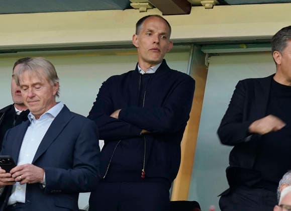 Birmingham, England, 7th May 2026. England manager Thomas Tuchel takes his seat during the Aston Villa vs Nottingham Forest UEFA Europa League semi final match 2nd leg match at Villa Park, Birmingham. Picture credit should read: Andrew Yates Sportimage EDITORIAL USE ONLY. No use with unauthorised audio, video, data, fixture lists, club league logos or live services. Online in-match use limited to 120 images, no video emulation. No use in betting, games or single club league player publications. SPI_035_AY_Villa_Forest SPI-4782-0035