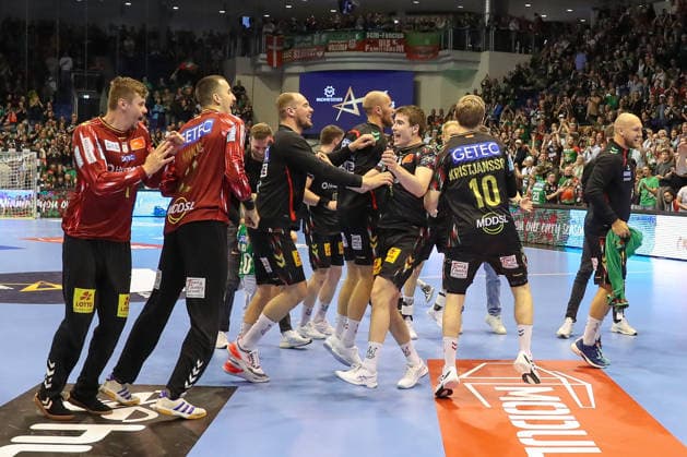 07 05 2026, xgox, Handball EHF Champions League 1 4 Final SC Magdeburg Pick Szeged v l Magdeburg Cheering about the victory, cheering after the end of the game Magdeburg