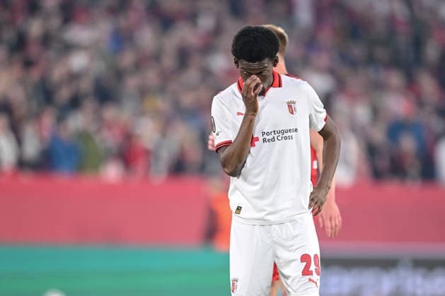 Jean Baptiste Gorby SC Braga looks dejected during the UEFA Europa League 2025 26 Semi Final Second Leg match between Sport Club Freiburg and SC Braga at Stadion am Wolfswinkel on May 7, 2026 in Freiburg im Breisgau, Germany Photo by Harry Langer DeFodi Images