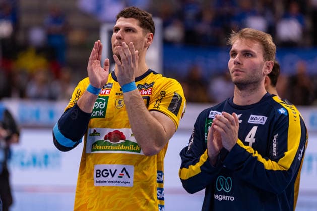 DAIKIN Handball Bundesliga TVB Stuttgart vs Rhein Neckar Löwen 07 05 2026 Stuttgart, GERMANY 07 May 2026 Robert Timmermeister Rhein Neckar Löwen, 7 and Mathias Larson Rhein Neckar Löwen, 4 after the match between TVB Stuttgart and Rhein Neckar Löwen on matchday 31 of the Daikin Handball Bundesliga at the Porsche Arena Copyright: xBEAUTIFULxSPORTS Steinx