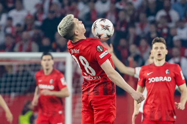 Matthias Ginter SC Freiburg, 28 on the ball , Germany, Football, UEFA Europa League, Semifinal, 2025 2026, SC Freiburg vs Sporting Braga, 07 05 2026, Freiburg im Breisgau Europa Park Stadium Germany Copyright: xGrantxHubbsx