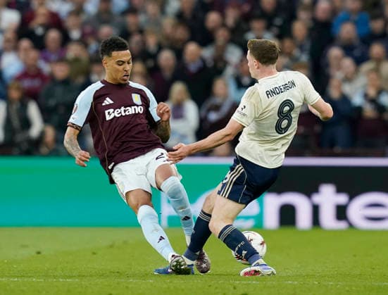 Birmingham, England, 7th May 2026. Morgan Rogers of Aston Villa (l) tackles Elliot Anderson of Nottingham Forest (r) during the Aston Villa vs Nottingham Forest UEFA Europa League semi final match 2nd leg match at Villa Park, Birmingham. Picture credit should read: Andrew Yates Sportimage EDITORIAL USE ONLY. No use with unauthorised audio, video, data, fixture lists, club league logos or live services. Online in-match use limited to 120 images, no video emulation. No use in betting, games or single club league player publications. SPI_045_AY_Villa_Forest SPI-4782-0046