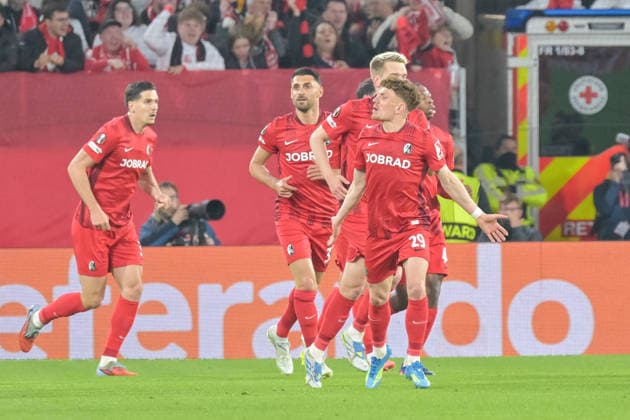 Lukas Kuebler SC Freiburg, 17 GER, SC Freiburg Sporting Braga, football, Europa League, semi-final, 2025 2026 season, 07 05 2026 GER, SC Freiburg Sporting Braga, football, Europa League, semi-final, 2025 2026 season, 07 05 2026 Freiburg Copyright: xEibner-Pressefoto ThomasxHessx EP_THS